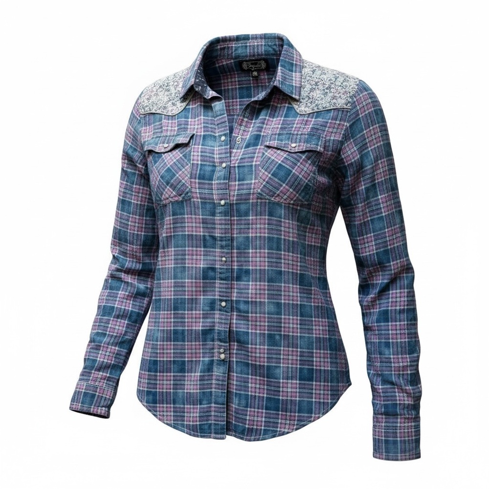 Shyanne Blue Pink Plaid Embroidered Detail High Low Back Slit Western Shirt XXL